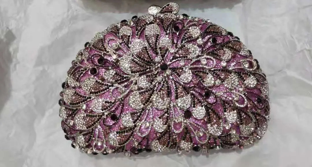 Flower Leaves Green Black Purple Rhinestone Clutch Woman Diamond Evening Purse Wedding Bridal Banquet Bag Party Crystal Handbag