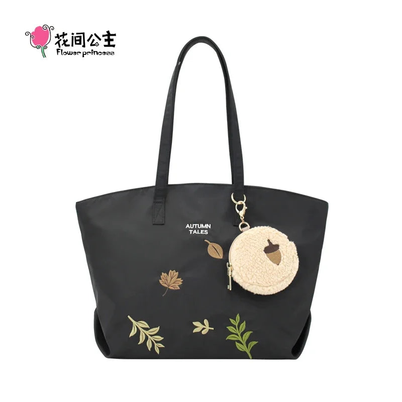 Flower Princess Autumn Tales Women's Fall/Winter New Shoulder Tote Handbag Female Large Big Fashion Black Light Nylon Bag