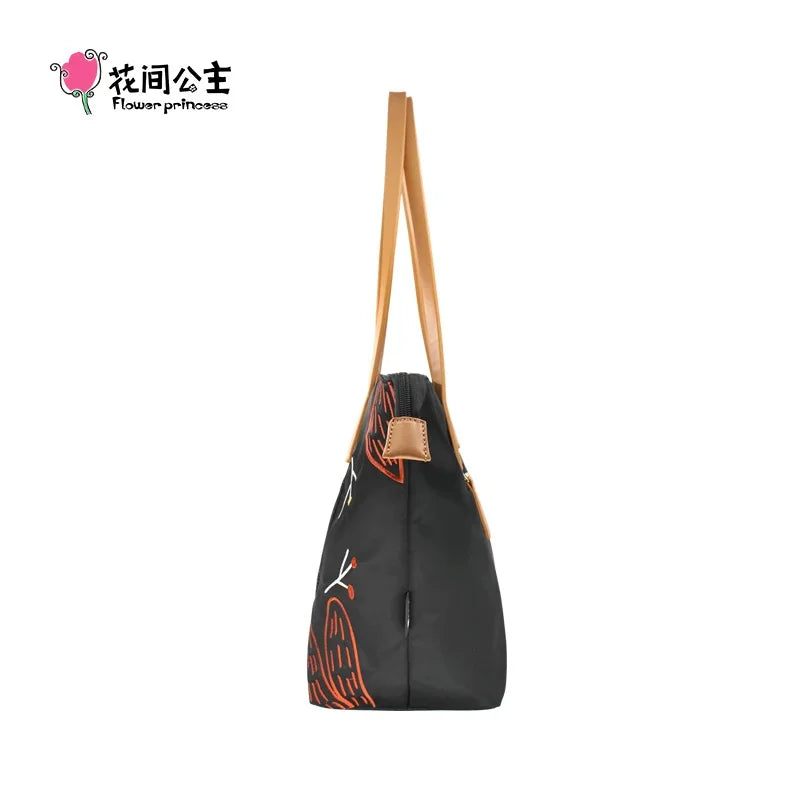 Flower Princess Brand Secret Territory 2024 Women's New Fashion Black Large Big Nylon Cloth Handbag Shoulder Tote Female Bag
