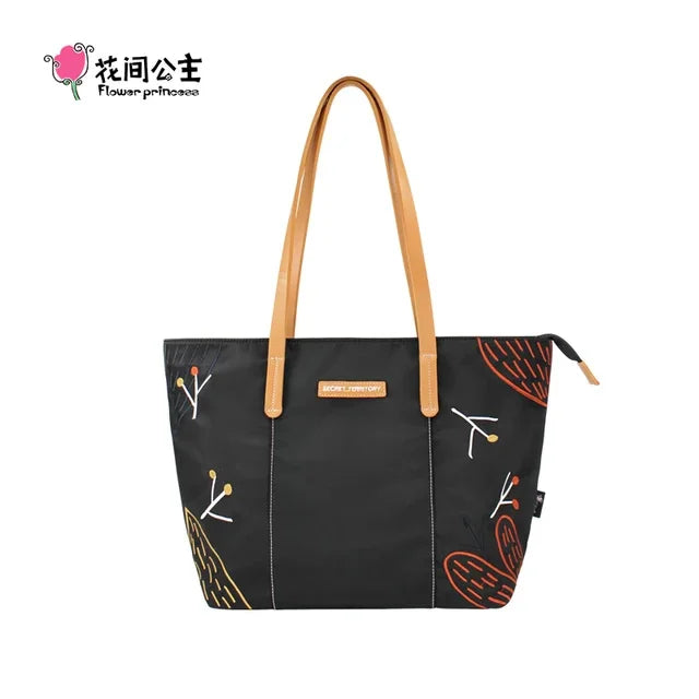 Flower Princess Brand Secret Territory 2024 Women's New Fashion Black Large Big Nylon Cloth Handbag Shoulder Tote Female Bag