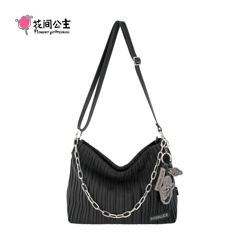 Flower Princess Interlude Women's Bag 2024 New Spring Pleated Chain Black Fashion Shoulder Crossbody Cloth Female Bags Handbag