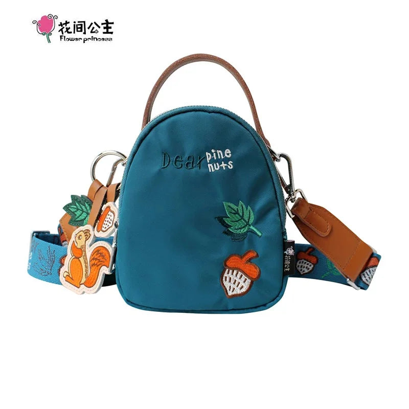 Flower Princess Original Embroidery Women Handbags Cartoon Squirrel Female Shoulder Wide Strap Lady Mini Crossbody Bags