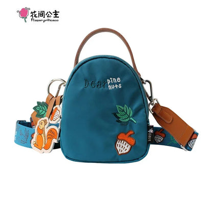 Flower Princess Original Embroidery Women Handbags Cartoon Squirrel Female Shoulder Wide Strap Lady Mini Crossbody Bags