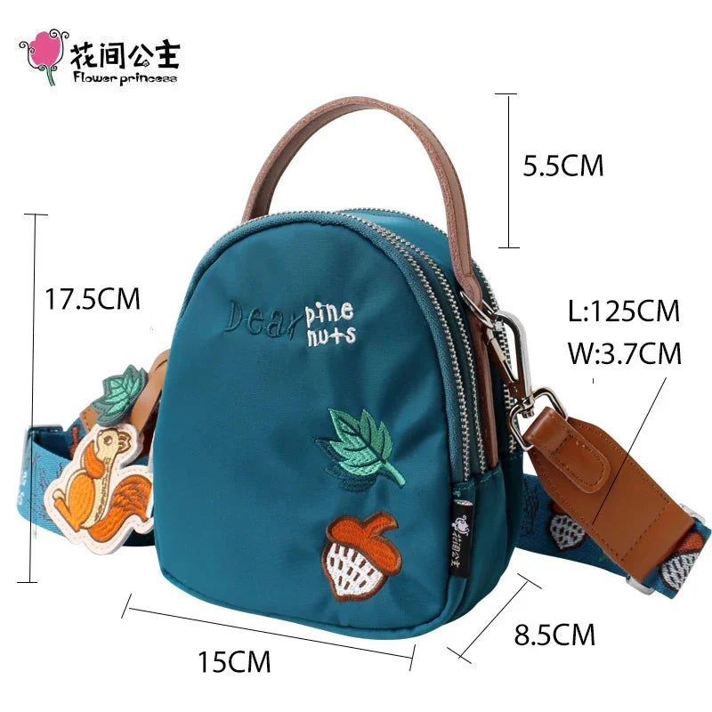 Flower Princess Original Embroidery Women Handbags Cartoon Squirrel Female Shoulder Wide Strap Lady Mini Crossbody Bags