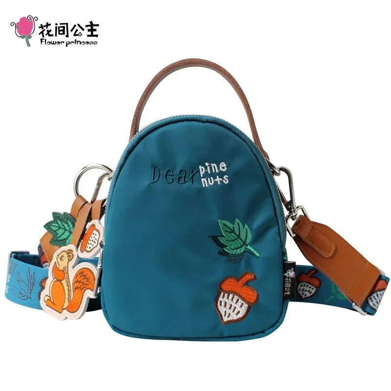 Flower Princess Original Embroidery Women Handbags Cartoon Squirrel Female Shoulder Wide Strap Lady Mini Crossbody Bags