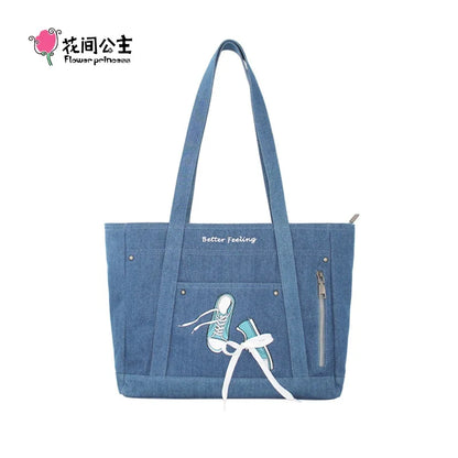 Flower Princess Shoes Women's 2024 Trend Fashion Female Denim Cloth Shoulder the Tote Designer Big Larger Bags for Women