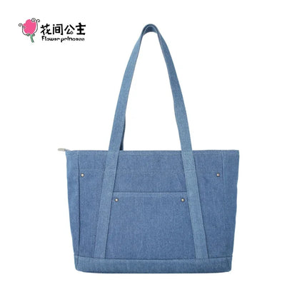 Flower Princess Shoes Women's 2024 Trend Fashion Female Denim Cloth Shoulder the Tote Designer Big Larger Bags for Women