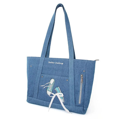Flower Princess Shoes Women's 2024 Trend Fashion Female Denim Cloth Shoulder the Tote Designer Big Larger Bags for Women