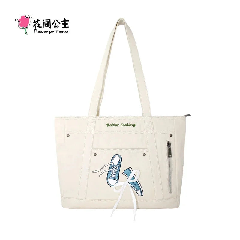 Flower Princess Shoes Women's 2024 Trend Fashion Female Denim Cloth Shoulder the Tote Designer Big Larger Bags for Women