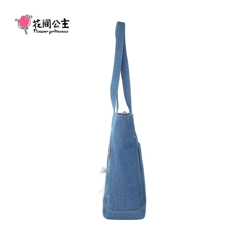 Flower Princess Shoes Women's 2024 Trend Fashion Female Denim Cloth Shoulder the Tote Designer Big Larger Bags for Women