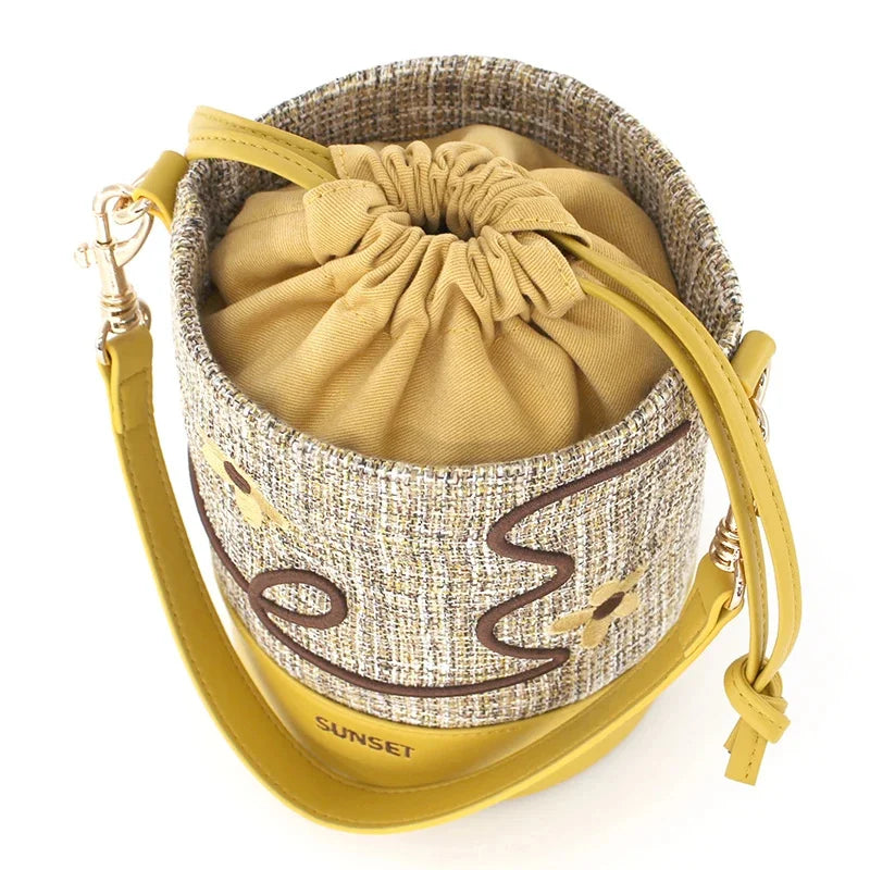 Flower Princess Sunset 2024 Spring Women's New Imitation Linen Cloth Small Fresh Fancy Handbag Crossbody Shoulder Bucket Bag