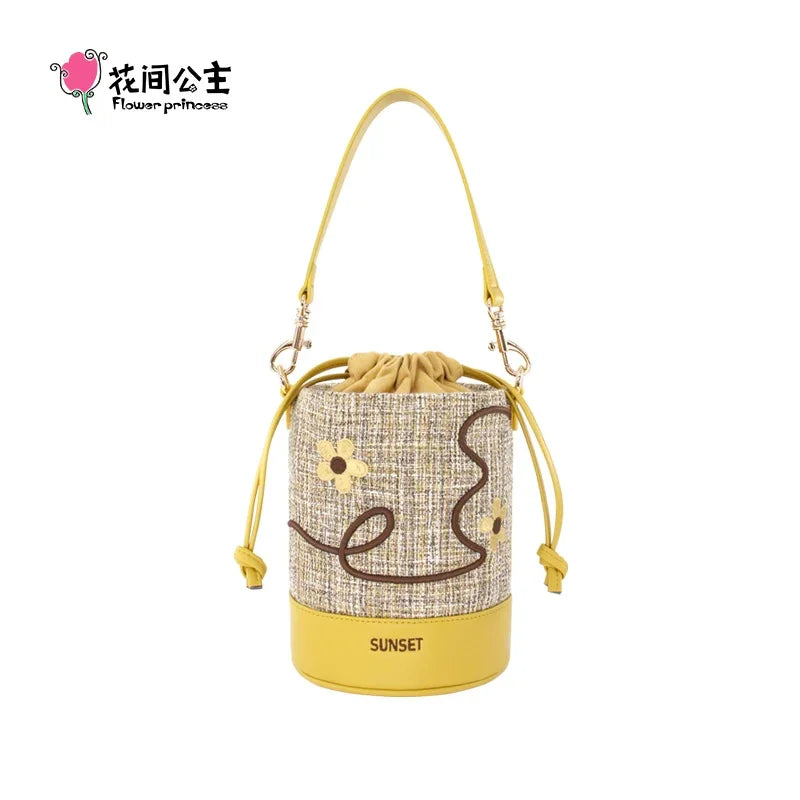 Flower Princess Sunset 2024 Spring Women's New Imitation Linen Cloth Small Fresh Fancy Handbag Crossbody Shoulder Bucket Bag