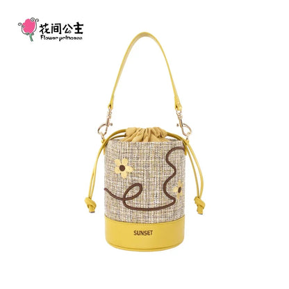 Flower Princess Sunset 2024 Spring Women's New Imitation Linen Cloth Small Fresh Fancy Handbag Crossbody Shoulder Bucket Bag