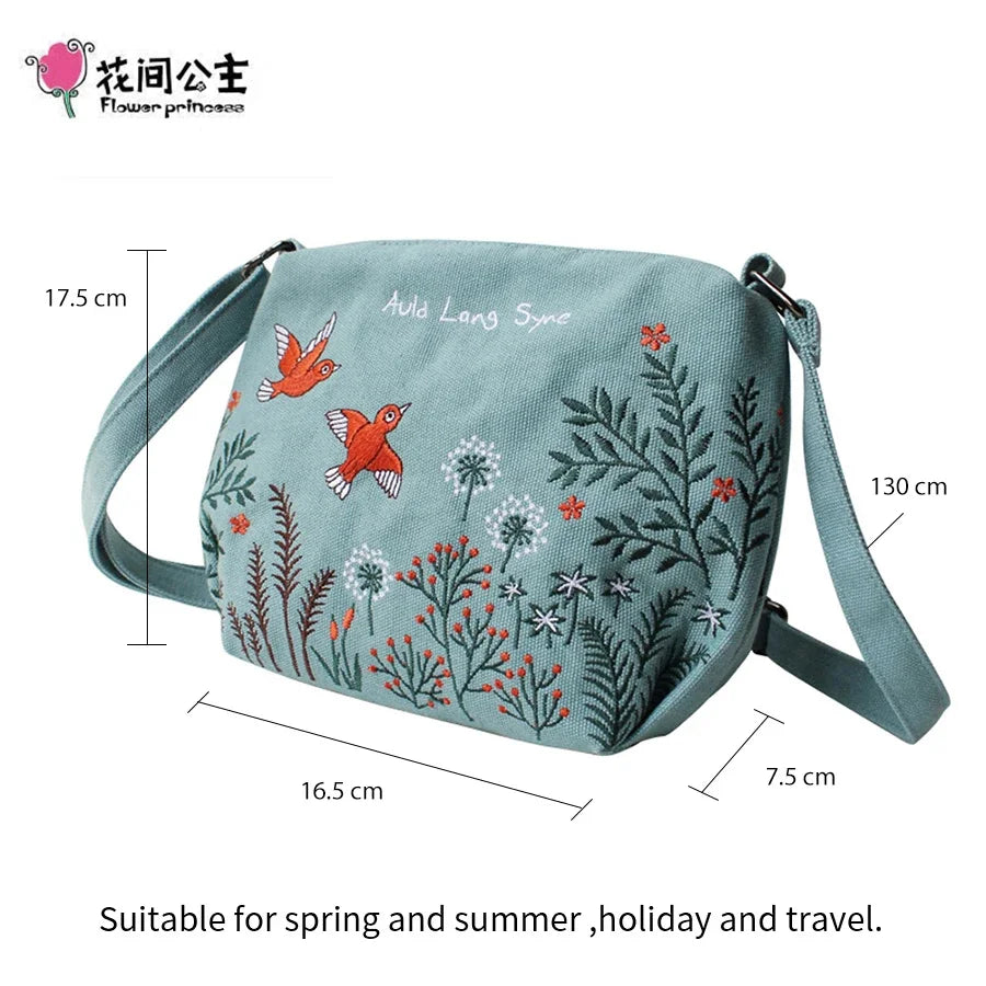 Flower Princess Women Crossbody Summer Canvas Embroidery Girls Shoulder s Female Casual Handbags Small Purse Fashion Bag