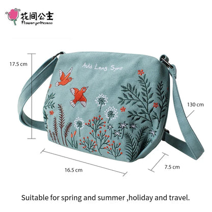 Flower Princess Women Crossbody Summer Canvas Embroidery Girls Shoulder s Female Casual Handbags Small Purse Fashion Bag