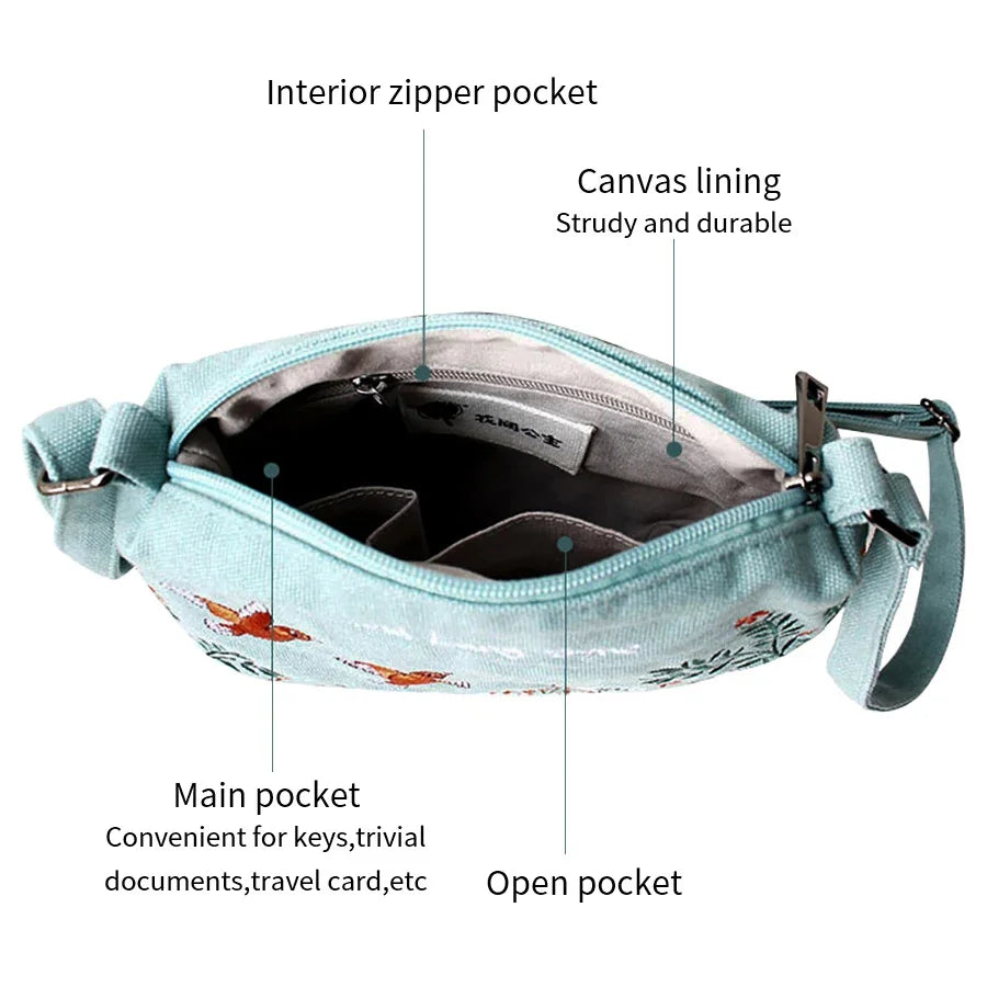 Flower Princess Women Crossbody Summer Canvas Embroidery Girls Shoulder s Female Casual Handbags Small Purse Fashion Bag