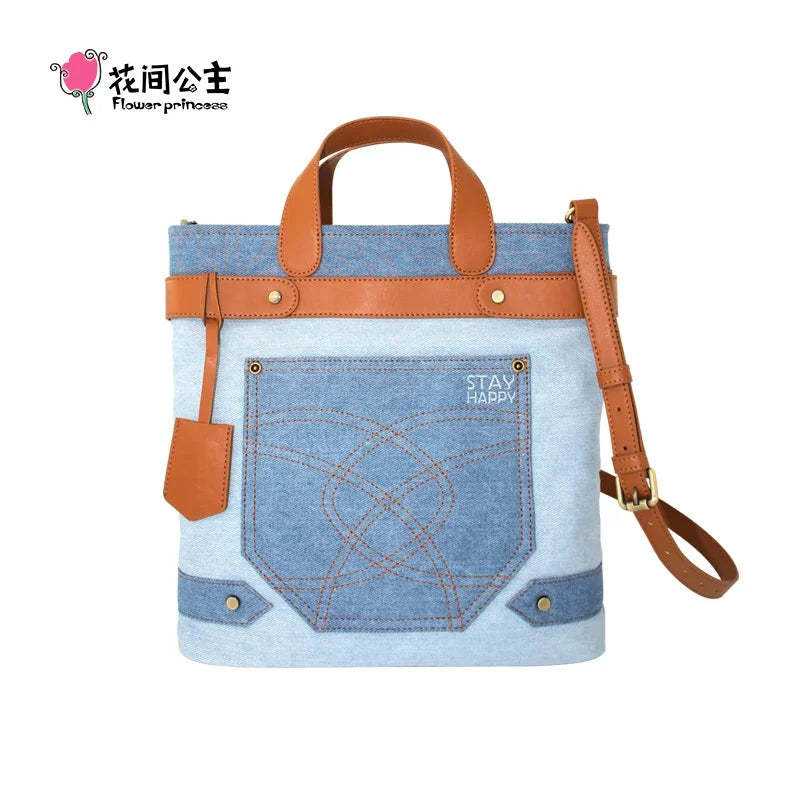 Flower Princess Women's Bag Messenger Crossbody 2024 Designer Square Denim Female Original Big Bags for Girls New in Handbag