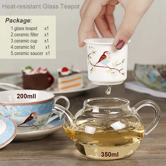 Flower Tea Pot Ceramic Teacup Saucer Heat Resistant Glass Teapot Filter Porcelain Office Coffee Cup Mug Afternoon Tea Set
