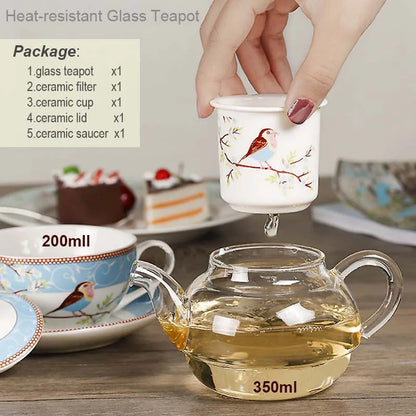 Flower Tea Pot Ceramic Teacup Saucer Heat Resistant Glass Teapot Filter Porcelain Office Coffee Cup Mug Afternoon Tea Set