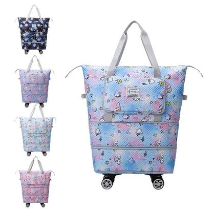 Foldable Luggage Bag Double Layer Expandable Suitcases Large Capacity Dry Wet Separation Duffle Bag with Wheels