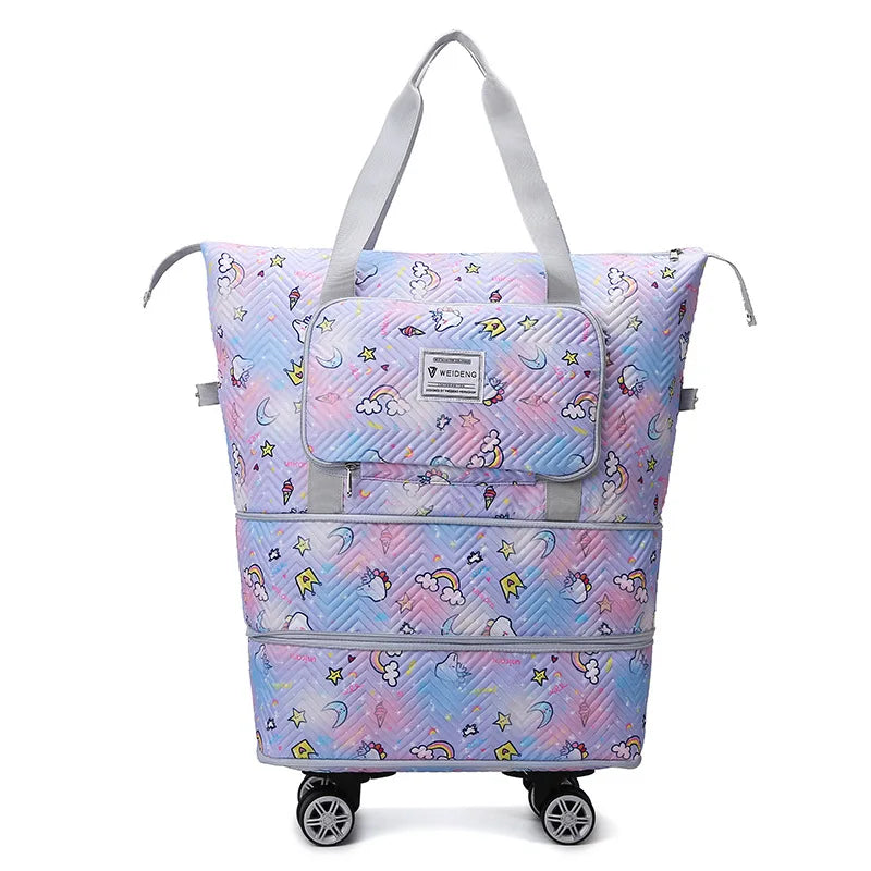 Foldable Luggage Bag Double Layer Expandable Suitcases Large Capacity Dry Wet Separation Duffle Bag with Wheels