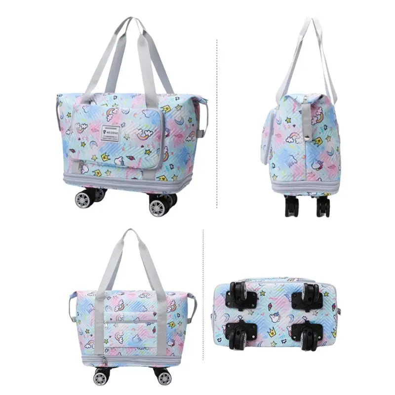 Foldable Luggage Bag Double Layer Expandable Suitcases Large Capacity Dry Wet Separation Duffle Bag with Wheels