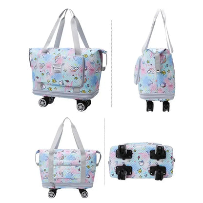 Foldable Luggage Bag Double Layer Expandable Suitcases Large Capacity Dry Wet Separation Duffle Bag with Wheels