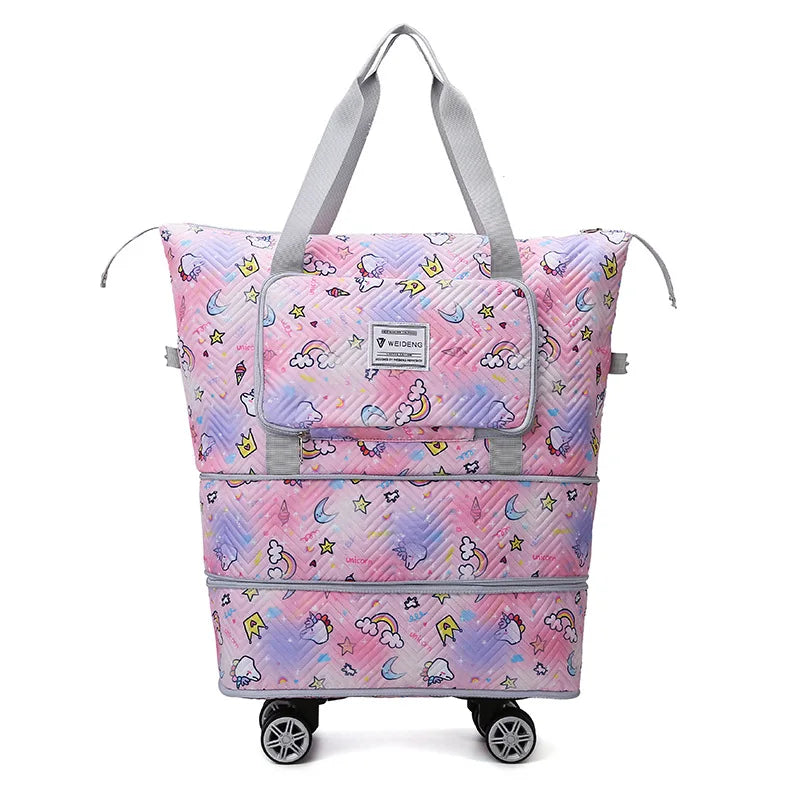 Foldable Luggage Bag Double Layer Expandable Suitcases Large Capacity Dry Wet Separation Duffle Bag with Wheels