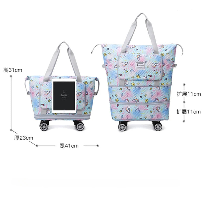 Foldable Luggage Bag Double Layer Expandable Suitcases Large Capacity Dry Wet Separation Duffle Bag with Wheels