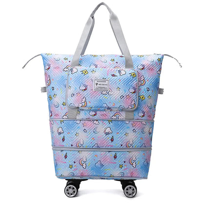 Foldable Luggage Bag Double Layer Expandable Suitcases Large Capacity Dry Wet Separation Duffle Bag with Wheels