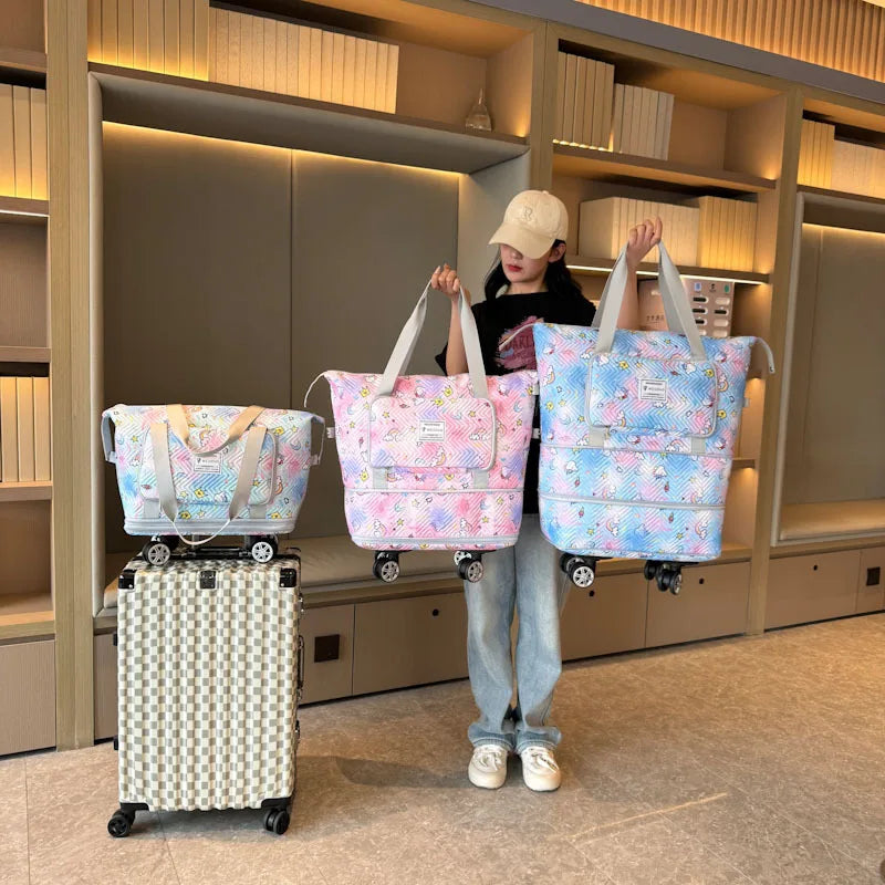 Foldable Luggage Bag Double Layer Expandable Suitcases Large Capacity Dry Wet Separation Duffle Bag with Wheels