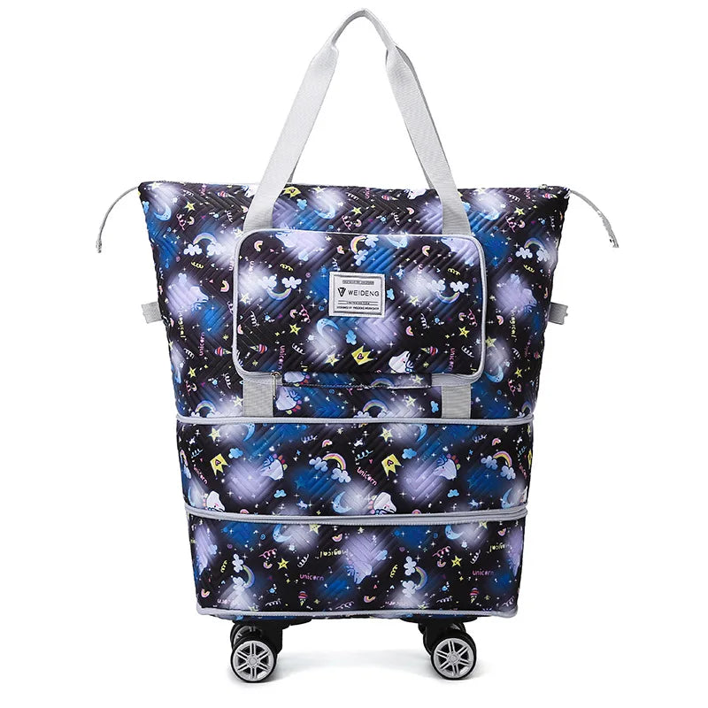 Foldable Luggage Bag Double Layer Expandable Suitcases Large Capacity Dry Wet Separation Duffle Bag with Wheels