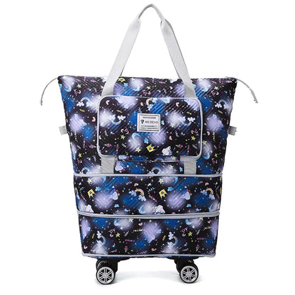 Foldable Luggage Bag Double Layer Expandable Suitcases Large Capacity Dry Wet Separation Duffle Bag with Wheels