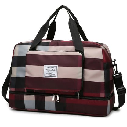 Foldable Travel Duffel Bag Sports Tote Shoulder Weekender Overnight Bags Large Capacity Dry and Wet Separation for Women