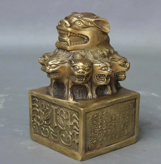 Folk China Brass Dynasty Fu Foo Dog Lion Head Statue imperial Seal Stamp Signet
