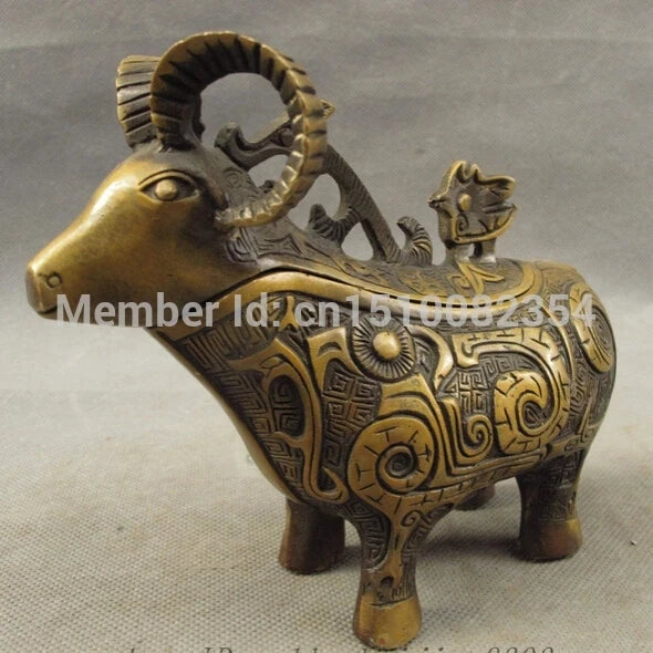 Folk Chinese Bronze Carved Animals Goat Sheep Zun Statue Incense Burner Censer