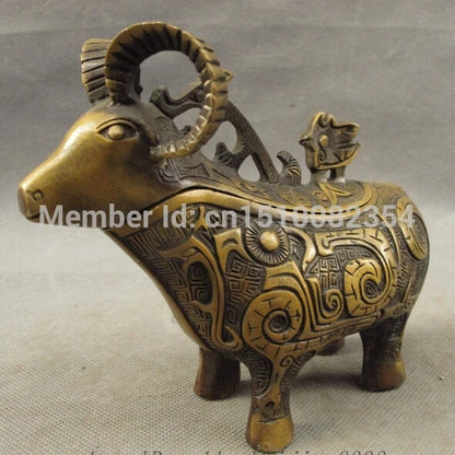 Folk Chinese Bronze Carved Animals Goat Sheep Zun Statue Incense Burner Censer