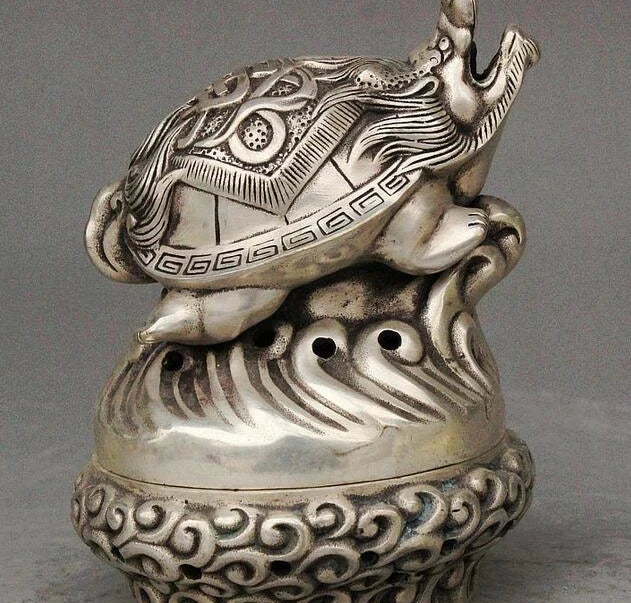 Folk Chinese Collect Silver Dragon tortoise Turtle Statue Incense Burner Censer
