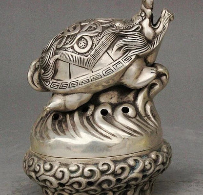 Folk Chinese Collect Silver Dragon tortoise Turtle Statue Incense Burner Censer