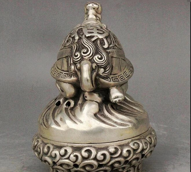 Folk Chinese Collect Silver Dragon tortoise Turtle Statue Incense Burner Censer