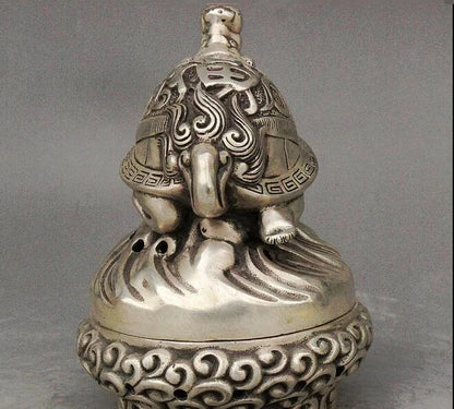 Folk Chinese Collect Silver Dragon tortoise Turtle Statue Incense Burner Censer
