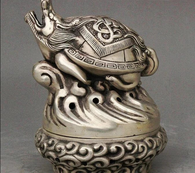 Folk Chinese Collect Silver Dragon tortoise Turtle Statue Incense Burner Censer