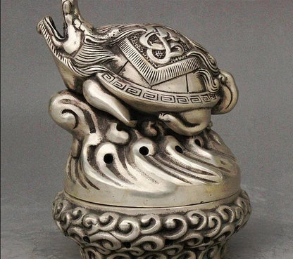 Folk Chinese Collect Silver Dragon tortoise Turtle Statue Incense Burner Censer