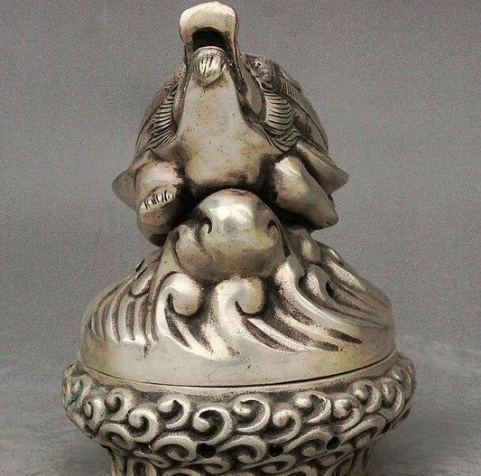 Folk Chinese Collect Silver Dragon tortoise Turtle Statue Incense Burner Censer