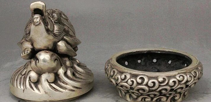 Folk Chinese Collect Silver Dragon tortoise Turtle Statue Incense Burner Censer