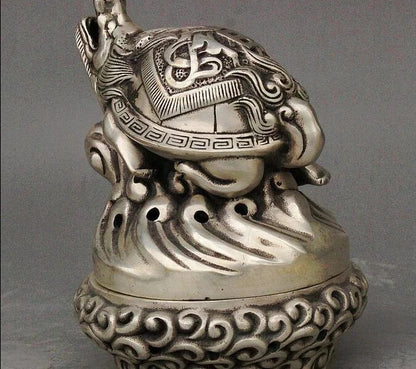 Folk Chinese Collect Silver Dragon tortoise Turtle Statue Incense Burner Censer
