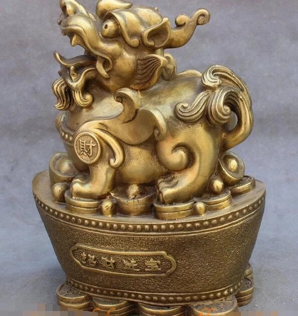 Folk Chinese FengShui Brass Wealth Kylin PiXiu Lion Unicorn Sit Yuanbao Statue