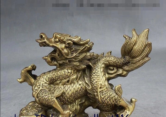 Folk Chinese Fengshui Brass Yuanbao Money Auspicious Ruyi Dragon Wealth Statue