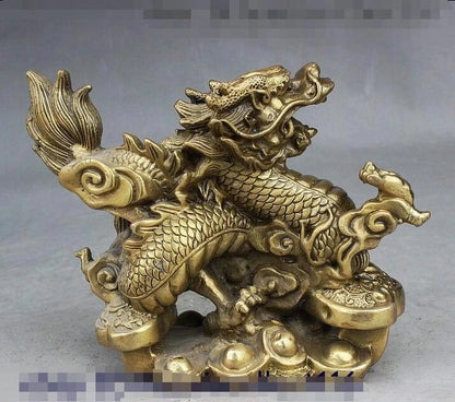 Folk Chinese Fengshui Brass Yuanbao Money Auspicious Ruyi Dragon Wealth Statue