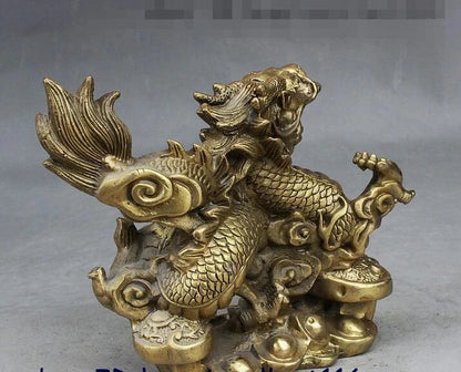 Folk Chinese Fengshui Brass Yuanbao Money Auspicious Ruyi Dragon Wealth Statue